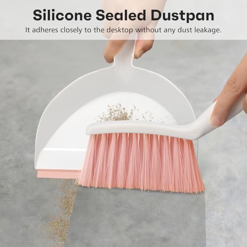 NACENA Handheld Dustpan and Broom Set – Mini Compact Brush Combo for Desktop, Sofa, Car & Kitchen Crumbs Small Cleaning Tool with Stiff Bristles, Pink