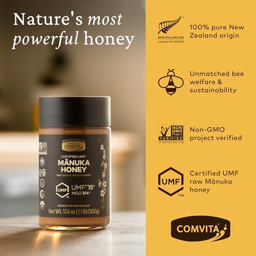 Comvita Manuka Honey UMF 15+ (MGO 514+) - Raw Manuka Honey New Zealand, Pure & Unpasteurized, Superfood for Immune Health, Use in Tea, Wild, Monofloral, Non-GMO - 500g (17.6 oz)