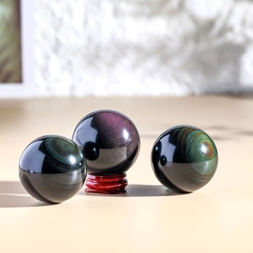 4cm,Natural Rainbow Eye Obsidian Crystal Ball – Polished Sphere with Raw Stone Base, Volcanic Glass Feng Shui Ornament, Healing Crystal Craft for Home Office Desk Decor