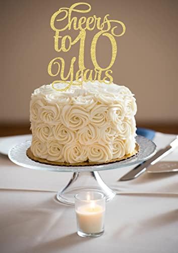 Cheers to 10 Years Cake Topper - Gold Glitter Children's 10th Birthday Cake Decorating Supplies - Blessed 10 Years Wedding, Anniversary or Birthday Party Decorations, Photo Booth Props