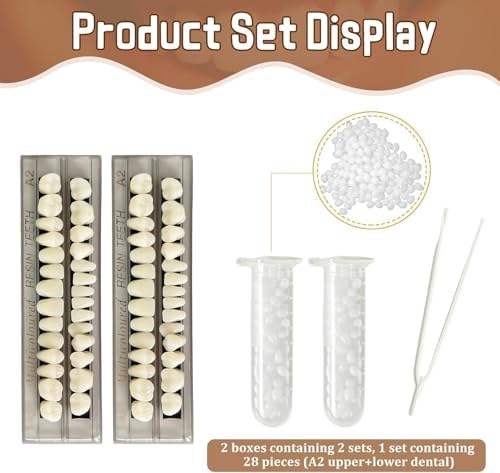 56 Pcs False Teeth Dental Complete Acrylic Resin Denture Teeth, 2 Set Whole Teeth Synthetic Polymer Denture Tooth, 23 Shade A2 and A3 Upper + Lower Dental Materials for Replacement, DIY, or Halloween