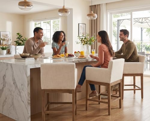 Ya-Home 26’’ Bar Stools Set of 6, Modern Farmhouse Counter Height Barstools Linen Fabric Bar Chairs with Armrest for Kitchen Island Dining Room, Beige