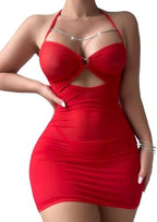 Sexy Chain Sheer Mesh Ruched Bodycon Mini Lingerie Dress with Thong 2 Piece Set Outfits