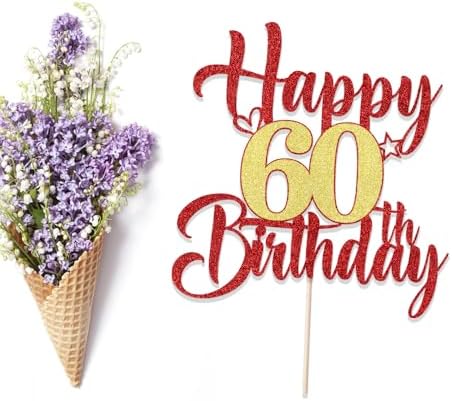 Red Gold 60th birthday cake topper Glitter Happy 60th birthday cake topper 60th birthday party cake decorations Photo Booth Props