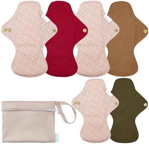 wegreeco 6 Pcs Reusable Menstrual Pads, Ultra Absorbent Cloth Pads for Heavy Flow, Sanitary for Teens, Women, Nonslip, Inner Aqua, Burgundy, Coffe, Rose Gold Outer, M
