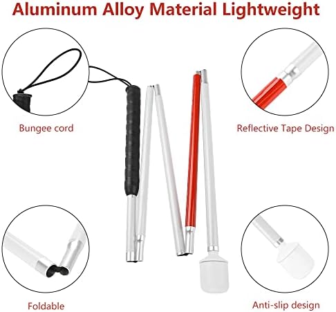 Watris Veiyi Blinder Folding Cane, Collapsible Walking Stick with Red Reflective Tape, Anti-Slip Blind Cane for The Blind and Visually Impaired People, 53.1in(135cm)