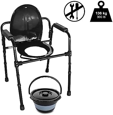 PEPE Mobility 3-in-1 Bedside Commode with Sturdy Dual-Crossbar Support Construction, Stable Commode Chair with Bucket, 300 Lbs Weight Capacity, Black
