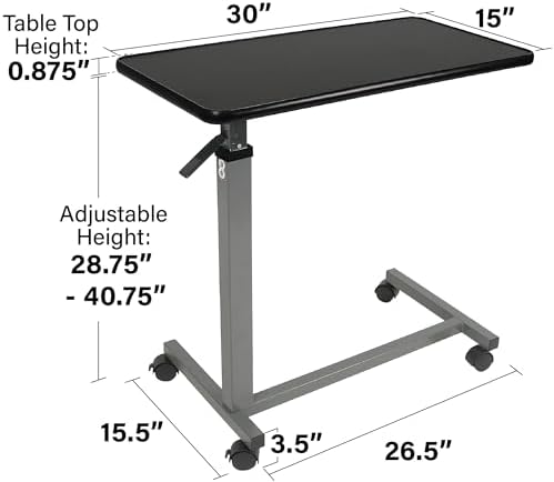Vaunn Medical Pneumatic Adjustable Overbed Bedside Table with Wheels (Hospital and Home Use)
