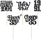 Gyufise 30Pcs Happy 35th Birthday Cupcake Toppers Glitter Thirty Five Straight Outta 1991 Cupcake Picks Cheers to 35 Fabulous Cake Decorations for Happy 35th Birthday Anniversary Party Supplies Black