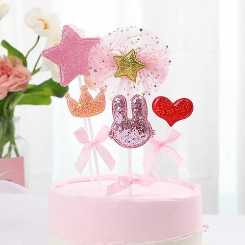 Pink Cake Topper 10pcs Heart Star Bowknot Shape Cake Decoration for Boys Girls WomenBirthday Baby Shower Party Anniversary (Pink Star and bowknot 10pcs)