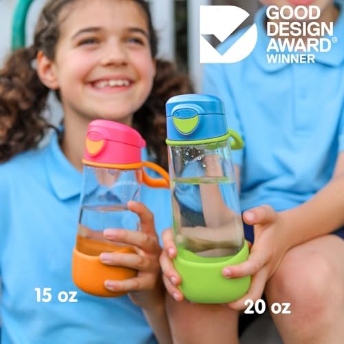 b.box 15oz Sport Spout Kids Water Bottle for School, Sports, Daycare - No-Straw Design for Easy Cleaning - Leakproof - Ergonomic Triangle Grip - Dishwasher Safe, BPA Free, PFAS Free - Lemon Sherbet