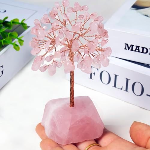 Rose Quartz Crystal Tree of Life,4 Inch Natural Healing Stones,Reiki Energy Money Tree, Handmade with Copper Wire,Feng Shui Spiritual Desk Decor for Office, Home, Meditation Gifts for Women