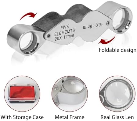10X 20X Jewelers Loupe, Pocket Magnifying Glass with Dual Lenses, Foldable Jewelry Loop Magnifier with Storage Box for Diamonds, Coins, Watches, Plants