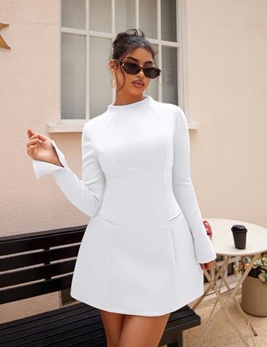 YMDUCH Women's Elegant Long Sleeve Mock Neck Backless A-line Party Mini Dress