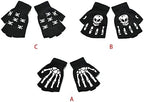 Unisex Adult Halloween Skeleton Skull Half Finger Gloves Glow in the Dark Fingerless Stretch Knitted Winter Mittens Black