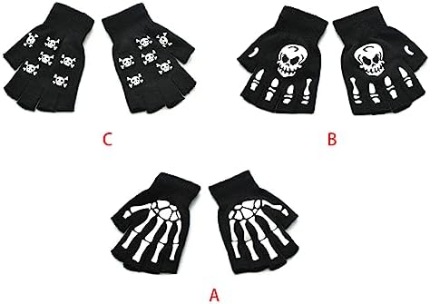 Unisex Adult Halloween Skeleton Skull Half Finger Gloves Glow in the Dark Fingerless Stretch Knitted Winter Mittens