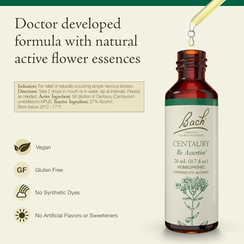 Bach Original Flower Remedies, Centaury - Be Assertive - Natural Homeopathic Flower Essence for Emotional Balance - Vegan, Gluten Free, Sugar Free - 20mL Dropper