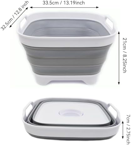 SAMMART 10L (2.64 gallon) Collapsible Dishpan with Draining Plug - Foldable Washing Basin - Portable Dish Washing Tub - Space Saving Kitchen Storage Tray (1, White/Grey)