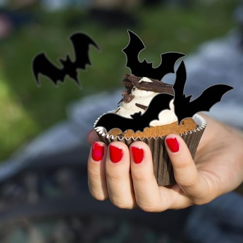 40 Pcs Edible Halloween Bat Cupcake Toppers Wafer Paper Halloween Bat Cupcake Picks Baby Shower Kids Birthday Party Cake Decorations Supplies Black