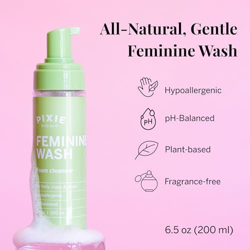 Pixie Feminine Wash – Healthy Foaming Cleaner with Natural Ingredients – More Foam Wash in Bottle Than Any Other Brand – pH Balanced & Plant Based – for Your Menstrual Cups and Discs, 200mL