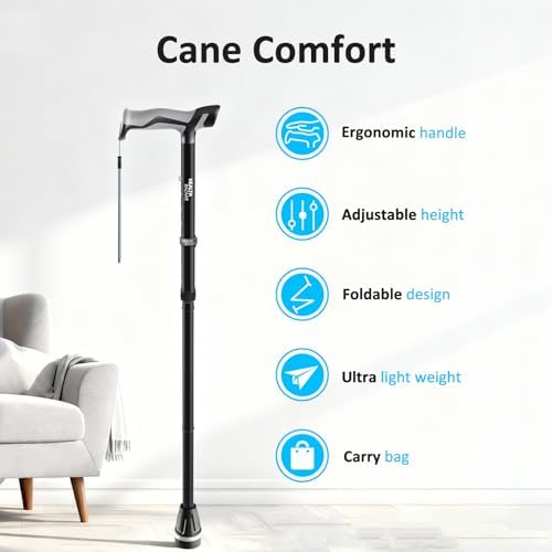 HEALTHBAZAAR Walking Cane with LED Light, Folding Canes for Men & Women with Shock Absorption - Adjustable, Lightweight Collapsible Walking Sticks with Comfort Grip Handle, Heavy Duty All Terrain Tip
