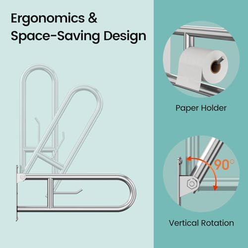 23.6 Inch Foldable Toilet Grab Bars, Bathroom Stainless Steel Handrails with Paper Holder, Handicapped Flip-Up Handles, Senior Safety Rails, Wall Mounted Hand Grips, for Elderly, Disabled, Pregnant
