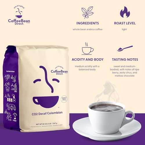 Coffee Bean Direct CO2 Decaf Colombian, Whole Bean Coffee, Arabica Coffee, Light Roast, 5 Pound Bag (Pack of 1)
