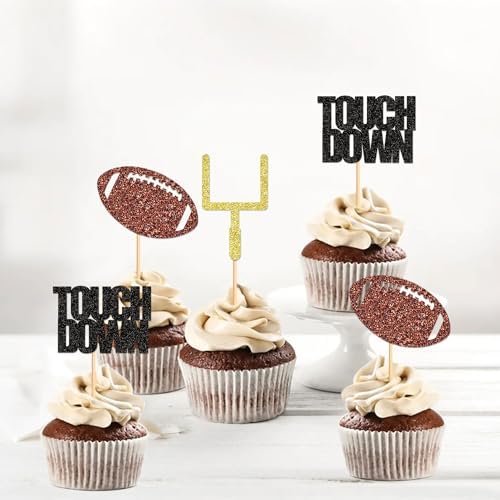 Ercadio 30Pcs Rugby Birthday Cupcake Toppers Glitter Sport American Football Cake Picks Decorations for Rugby Sports Theme Baby Shower Kids Birthday Supplies