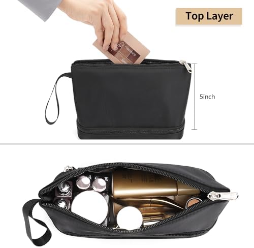 Ethereal Small Makeup Bag, 2 Layers Travel Makeup Bag with Makeup Brush Holder, Cosmetic Bag Black Make up Pouch for Women/Girls