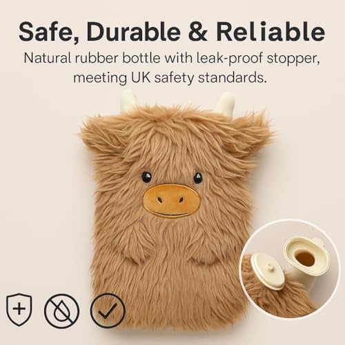 A2Z Highland Cattle Hot Water Bottle 1 Litre Capacity 3D Animal Plush Cover Heat Therapy for Pain Relief & Bedtime Comfort