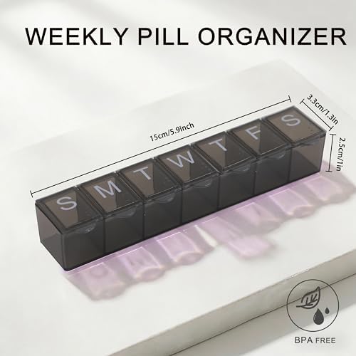 Weekly 7-Day Pill Organizer with Braille, Portable Medicine and Vitamin Planner Storage Box with Medium Compartments,Easy to Use,for Supplements and Fish Oils, Travel Friendly,BPA Free
