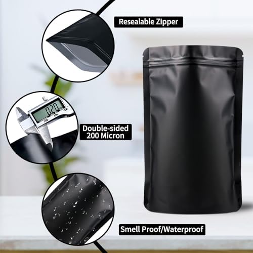 100 Pack Mylar Smell Proof Bags, Resealable Black Stand Up Pouch Bags Foil Sealable Bags for Packaging, 6.2×9.4 Inch