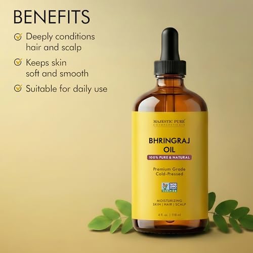 Majestic Pure Bhringraj Premium Carrier Oil 4oz (118ml) With Dropper for Hair Oiling, Scalp Massage & Skin Care