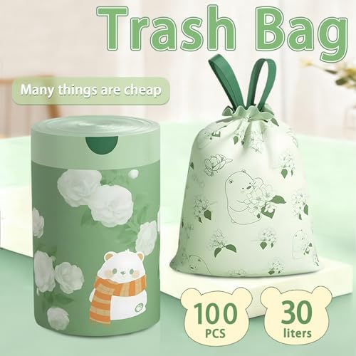 100 Count Drawstring Garbage Bags Per Roll, Extra-Strong Unscented Thicken Green Trash Bags with Teddy Bear Pattern, Disposable Leak Proof Easy-Dispense Roll for Kitchen Household Use