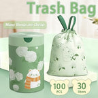 100 Count Drawstring Garbage Bags Per Roll, Extra-Strong Unscented Thicken Green Trash Bags with Teddy Bear Pattern, Disposable Leak Proof Easy-Dispense Roll for Kitchen Household Use
