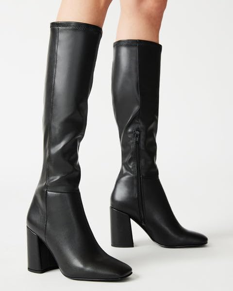SOVANYOU Women's Faux Leather Tall Boots Fashion Square Toe Chunky Heel Knee High Boots with Side Zip