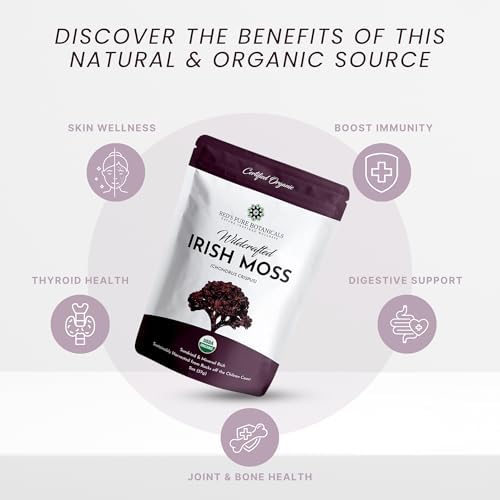 USDA Organic Irish Sea Moss – Wildcrafted Chondrus Crispus (Purple) – 100% Natural, Sustainably Harvested from Chile – Makes ~100oz of Sea Moss Gel – Nutrient-Rich Superfood – Red’s Pure Botanicals