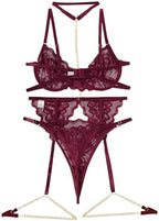 Lilosy Sexy Choker Floral Lace Scallop Sheer Underwire Push Up Garter Belt Lingerie Set 3 Piece