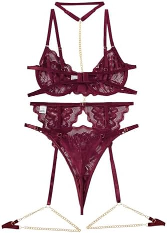 Lilosy Sexy Choker Floral Lace Scallop Sheer Underwire Push Up Garter Belt Lingerie Set 3 Piece