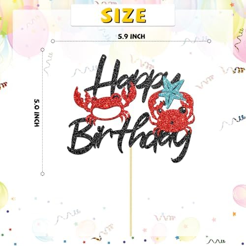 Crab Happy Birthday Cake Topper Crab Theme Birthday Decor Ocean Theme Decorations Supplies Glitter Black Red