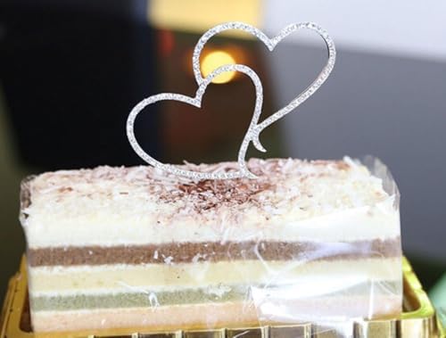 2PCS Double Heart Love Cake Toppers with Rhinestone Crystals Premium Decor Accessories for Wedding and Anniversary Party Cakes