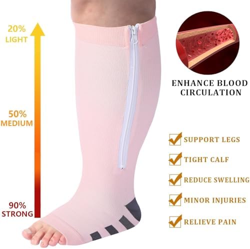 Abodhu Plus Size Compression Socks for Women Open Toe Compression 15-20mmHg Wide Calf Knee High Compression Sock Zipper