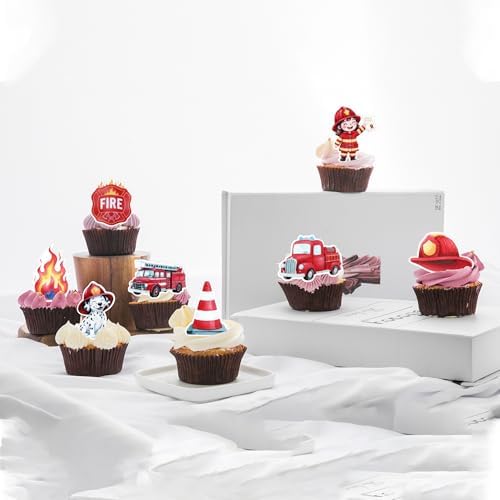 60 Edible Firetruck Cupcake Toppers Wafer Paper Fireman Party Cake Decorations Firetruck Birthday Decorations for Fireman Fire Truck Theme Baby Shower Birthday Party Cake Food Decorations Supplies