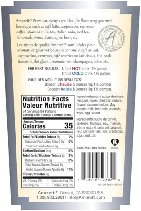 Amoretti - Premium Chestnut Praline Syrup, 94 Servings Per Bottle (750 ml), with Pump for Flavoring Coffees, Cocktails, and other Beverages, Gluten Free, GMO/GEO Free, Preservative Free