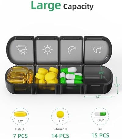 PULIV Weekly Pill Organizer 4 Times a Day with a Business Stylish Bag, Portable Pill Box 7 Day with 28 Compartments for Men, Removable Pill Sorters to Store Vitamin, Medication, Fish Oil, Supplements
