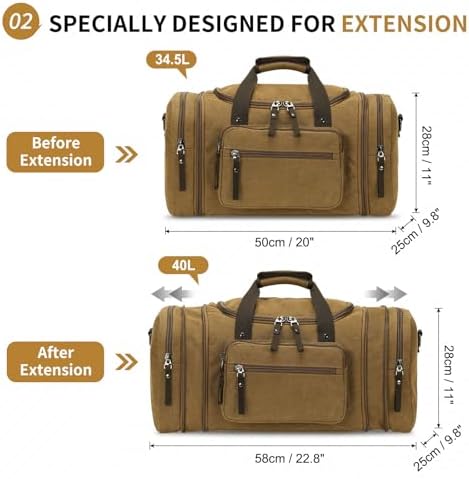Expandable Canvas Duffel 50cm-58cm, Sturdy Zipper and Reinforced Handles, Lightweight Carry-On Weekender Bag for 3-5 Day Trips, Coffee