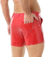 QiaTi Men's PU Leather Shorts Elastic Waist Rave Hot Short Pants Zipper Men Sexy Shorts with Pockets for Club