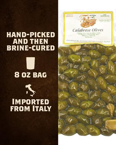 Fortuna's Imported Calabrese Olives - Tiny Green Olives with Pits, Wild Fennel, Garlic, and Chili Pepper in Brine - 8 oz Bag Imported from Italy. Perfect for Antipasto, Salads, and Snacks