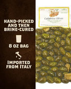 Fortuna's Imported Calabrese Olives - Tiny Green Olives with Pits, Wild Fennel, Garlic, and Chili Pepper in Brine - 8 oz Bag Imported from Italy. Perfect for Antipasto, Salads, and Snacks