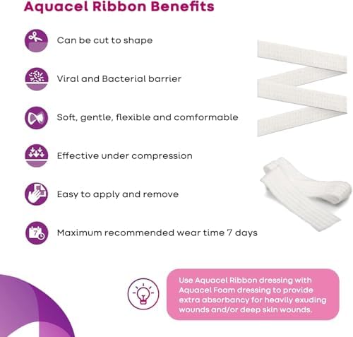 ConvaTec AQUACEL Hydrofiber 0.75"x18" Ribbon Dressing with Strengthening Fiber for Packing Small Wounds, Medical Grade, Absorbant, Non-Woven, Sterile, 5ct Box
